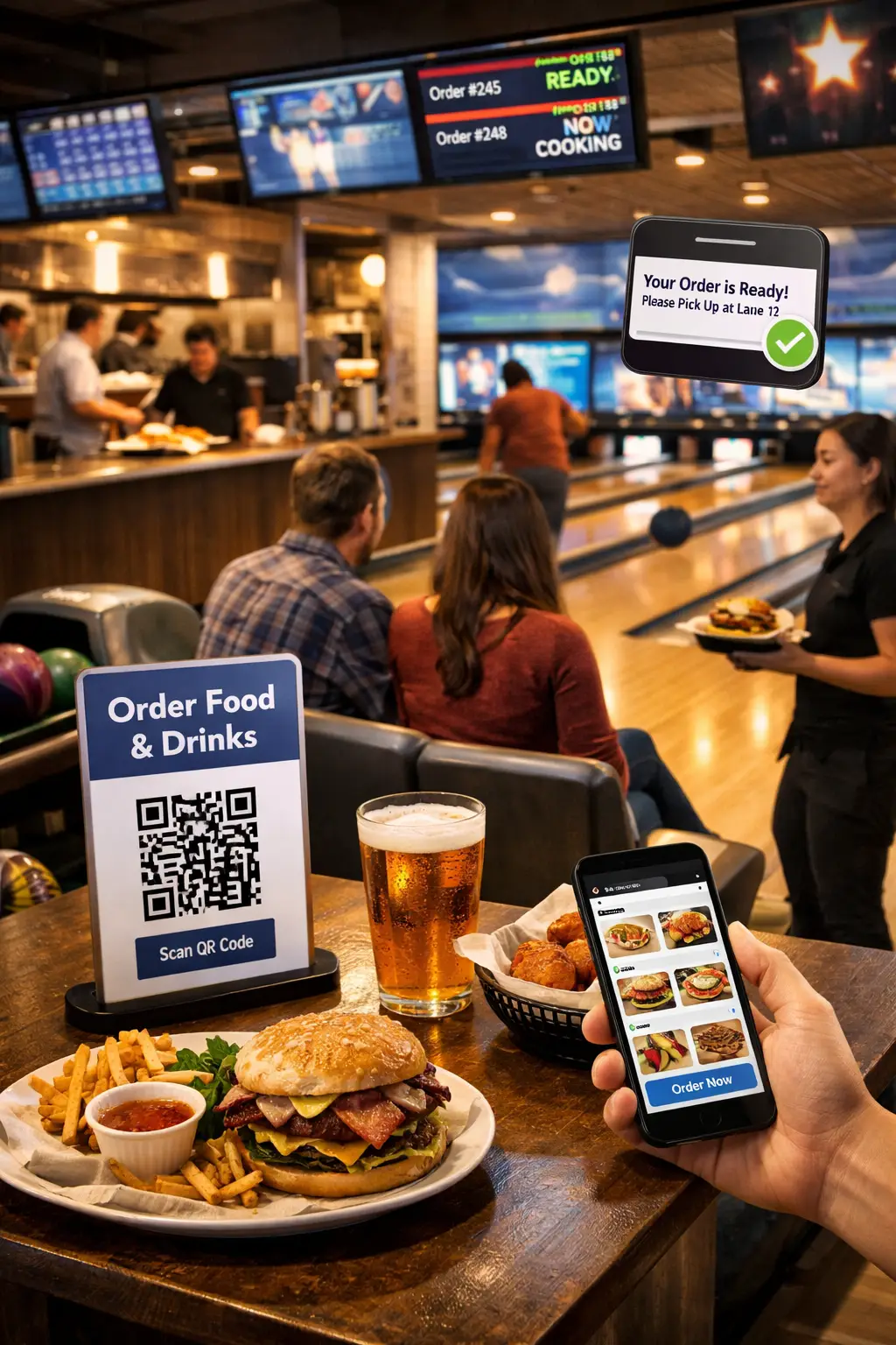 Bowling alley guests using QR ordering to get food and drinks at their lane