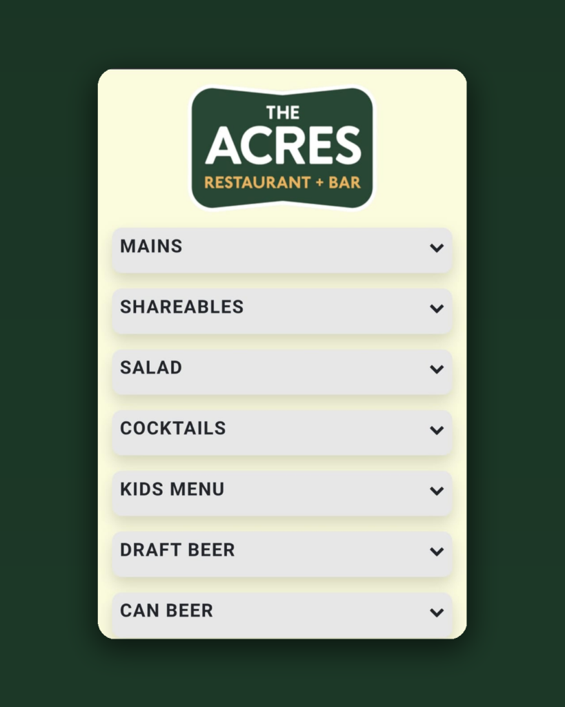 The Acres Restaurant and Bar digital QR code ordering menu with Mains, Shareables, Cocktails and Draft Beer