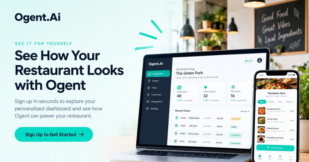 Ogent.Ai online ordering dashboard on a laptop and a QR code menu on a phone inside a restaurant